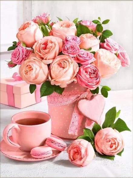 Diamond Painting Bouquet Pink tea party 30x40 cm vierkant steentjes