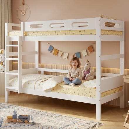 Stapelbed 90x200 cm - Kinderbed met Ladder en Uitvalbeveiliging - Stevige Lattenbodem - Grenenhout MDF Multiplex - Wit