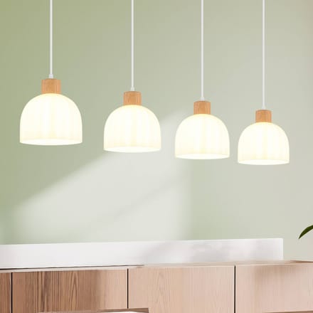 Globo Hanglamp Swanson, lengte 113 cm, wit/bruin, glas/hout, 4-lamps