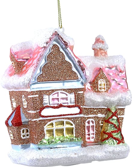 Viv! Christmas Kerstornament - Gingerbread Huis - glas - pastel roze - 11cm
