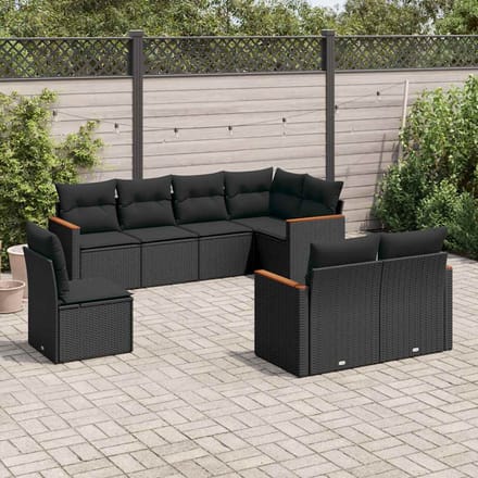 vidaXL - 8-delige - Loungeset - met - kussens - poly - rattan - zwart