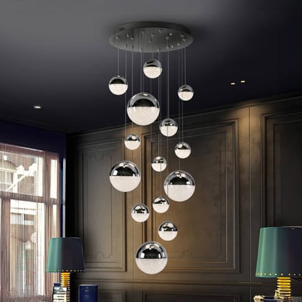 Schuller Valencia LED hanglamp Sphere, 14-lichts, chroom, dimbaar, Ø 60 cm