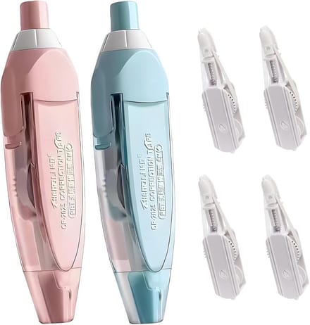 2x Navulbare Correctieroller Set - Intrekbare Correctietape 6m x 5mm met 4 Reservekernen - Compact School & Kantoor Materiaal