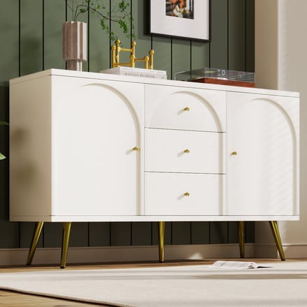 REDOM Dressoir H84/B140/T40 cm van spaanplaat en metaal, crème-wit, met 2 deuren en 3 laden, verstelbare legplank