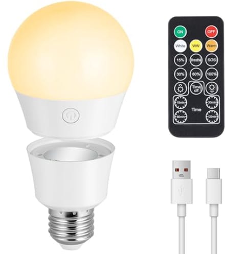 Oplaadbare E27 Ledlampen met Afstandsbediening en Timer - 7W Dimbare Batterij Gloeilamp