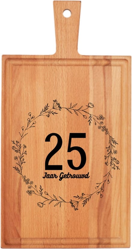 JM Woods - 25 JAAR GETROUWD - Borrelplank met handvat 38 x 20 cm - Serveerplank - Hapjesplank - Kaasplank - Cadeau tip!