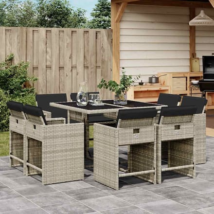 vidaXL - 9-delige - Tuinset - met - kussens - poly - rattan - lichtgrijs