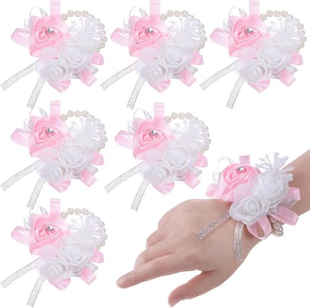 Set van 6 Elastische Parel Pols Corsages voor Bruiloft & Feest - Roze Bloemdecoratie