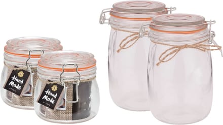 Weckpotten/inmaakpotten - set 4x - 500/1000 ml - glas - met beugelsluiting - 2 formaten