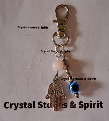 Boze Oog / Khamsa met Rozenkwarts, sleutelhanger zilverkleurig