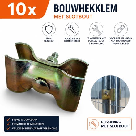 Bouwhekklem standaard - Met slotbout - Set van 10 - Stalen hekverbinders