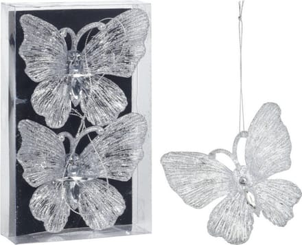 Christmas Decoration kersthangers vlinders 2x - transparant glitter 15cm