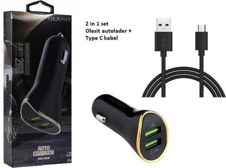 Olesit 3.1A Autolader - Oplader - 2 USB poorten met bescherming tegen overbelading & overhitting - Zwart + Olesit Type-C