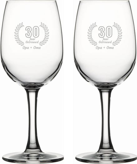 Gegraveerde set witte wijnglazen 26cl Opa + Oma 30 jaar getrouwd