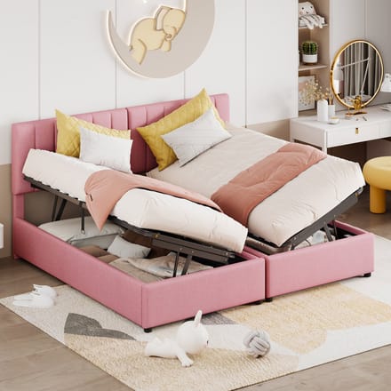 REDOM Bedframe 180x200 cm – Linnen roze – Hydraulische opbergruimte – Deelbaar in 2x90 cm