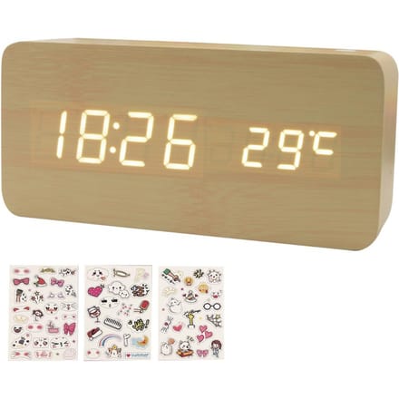 Houten Digitale Wekker 8 Niveaus Instelbare Helderheid Digitale Klok met LED Tijd Datum Bamboo beige
