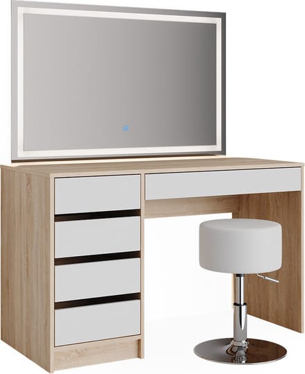 Vicco Kaptafel set met kruk Sherry, Wit/Sonoma, 120 cm met LED-spiegel en kruk