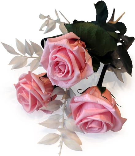 Handgebonden Boeket Eeuwige Rozen met Ruscus - 3 Roze Rozen, 3 Jaar Houdbaar, Hoogte 26cm