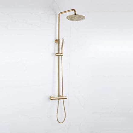FugaFlow Eccelente Acces Regendoucheset - thermostatisch - 25cm hoofddouche - gladde slang - staaf handdouche - Geborsteld Messing PVD (Goud)