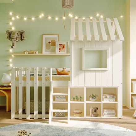 Sweiko Halfhoogslaper - 90x200 cm - Opbergruimte - Massief hout + MDF - Kinderbed - Huisvorm - Wit
