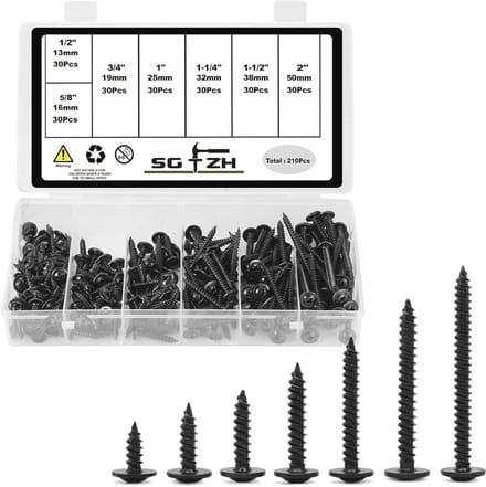 Set van 210 zelftappende houtschroeven met platte kop - 8 verschillende schroeven in zwart oxide
