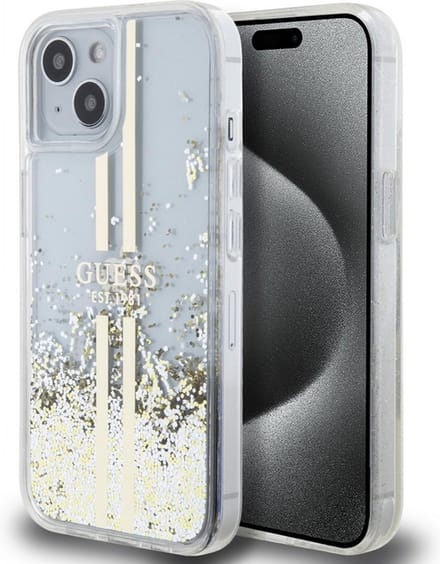 Guess Liquid Glitter Gold Stripe Back Case - Apple iPhone 15 Plus (6.7") - Transparant