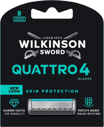 Wilkinson Sword Quattro Navulmesjes voor mannen, 4 mesjes met diamantcoating, 8 navulmesjes