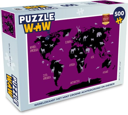 Puzzel Wereldkaart Kinderen - Dieren - Mintgroen - Legpuzzel - Puzzel 500 stukjes