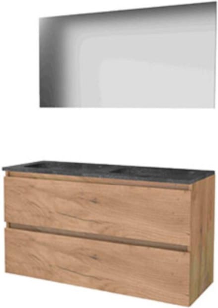 Basic-Line Basic 46 Badkamermeubelset - 120 x 46 cm - Greeploos - 2 Lades - Hardstenen Wastafel - 2 Kraangaten - Spiegel - Whisky Oak