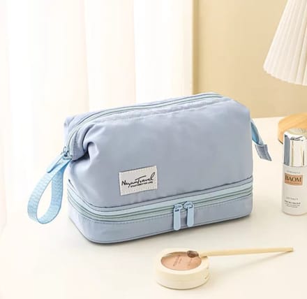 SLC Collection - Toilettas - Dubbele Bodem – Licht Blauw - Beugelsluiting - Beautycase - Organizer - Reistas