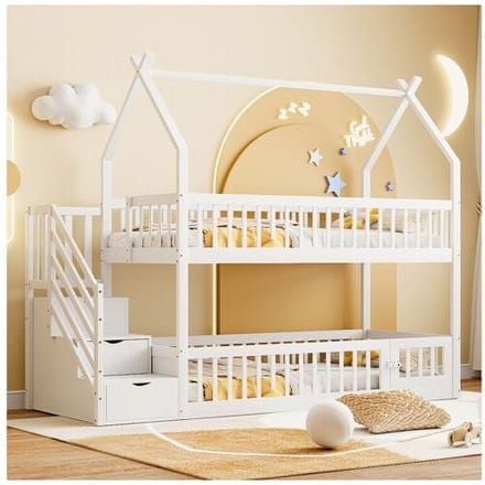 Merax Kinderstapelbed - 2 x 90 x 200 - met opbergtrap + hekken + dak - hout - wit