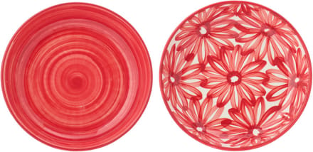 J-Line bord Diep Lebrillo + Bloemen - keramiek - rood - set van 2