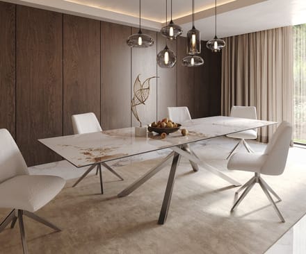 Eetkamertafel Edge keramiek Minas Melange wit-beige 300x100 kruisframe rechthoek RVS