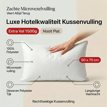 BINNENKUSSEN | Kussenvulling 50x70 cm | 1500 gram | Kussenvulling | 100% Polyester - Vulling | Microvezel