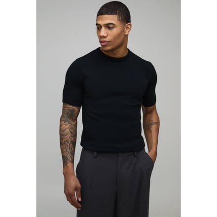 Essential Muscle Fit Soft Touch Knitted T-Shirt | Black | Size Large