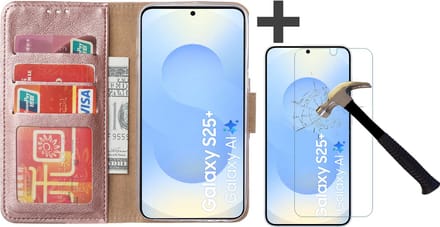 Hoesje met Screenprotector Geschikt voor Samsung Galaxy S25 Plus – Arara bookcase met pasjeshouder - Rosegoud