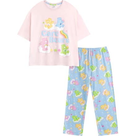 Ensemble de pyjama long à manches courtes pour femme avec personnages Care Bears M bleu/rose