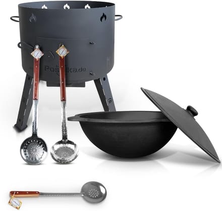 Buitenoven met pan - Vuurkorf Kazan - Buiten koken - Dikke wand - 49 cm diameter - Set 4
