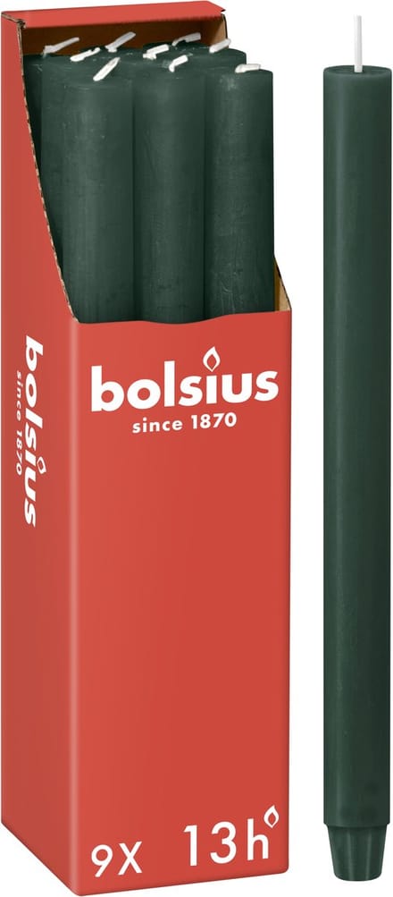 Bolsius - Rustieke Dinerkaarsen - Pine Green Groen - 9 stuks - 13 branduren - 27cm