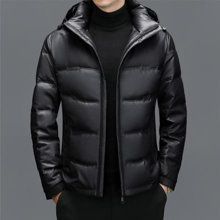 Echt Leer Donsjack Heren Leren Jas Middelbare Leeftijd Heren Losse Casual Leren Jas Capuchon Dik Donsjack Jas M black