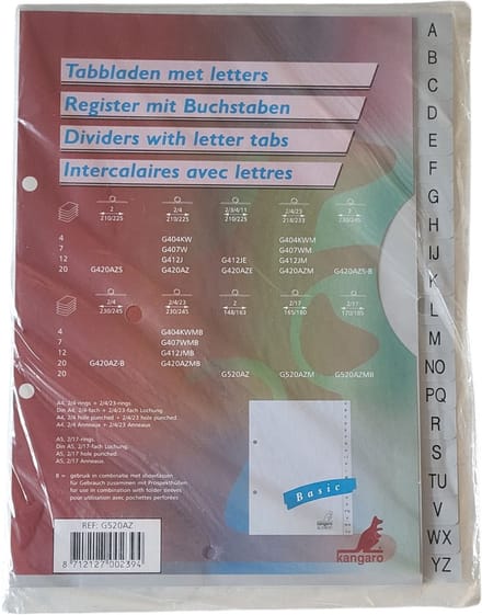 Kangaro Tabbladen met Letters - Alfabetisch - 20 Tabbladen - A5 Staand Grijs