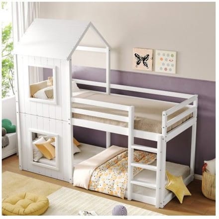 Stapelbed - MUVOE - 90x200 cm - Massief hout - Wit - Met ladder en hemel wit