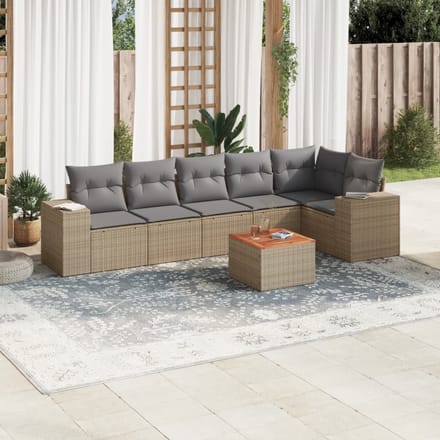 vidaXL - 7-delige - Loungeset - met - kussens - poly - rattan - beige