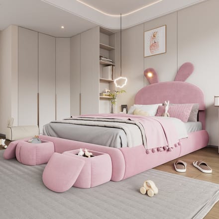 OKWISH Kinderbed - 140x200 - Bed Met Lades En Hasenoren Ontwerp - Fluweel - Roze