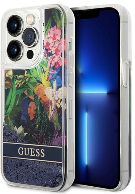 Guess Flower Liquid Glitter - Etui voor iPhone 14 Pro Max - Blauw - Bloemenpatroon - Glitters