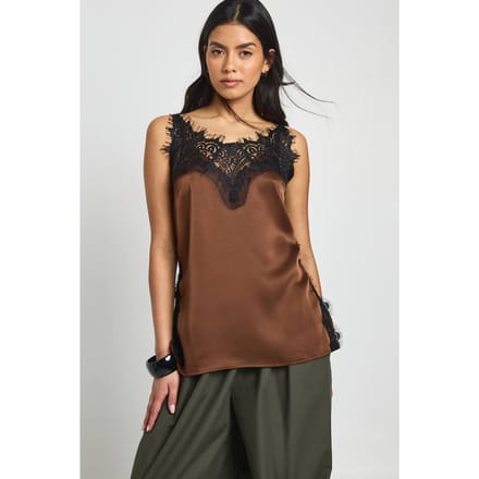 boohoo Dames Kanten Zijsplit Satijnen Cami Top | Chocoladebruin | Maat: 34