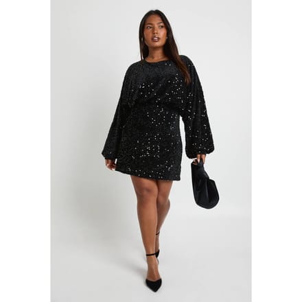 boohoo Dames Plus fluweel pailletten blouson mini jurk | Black | Maat: 16