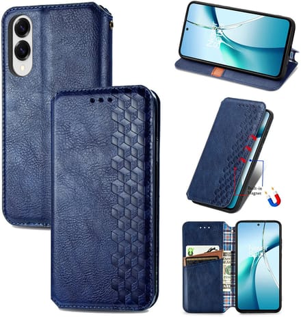 Luxe PU Lederen Ruitpatroon Wallet Case + Screenprotector voor Galaxy S25 Edge _ Blauw