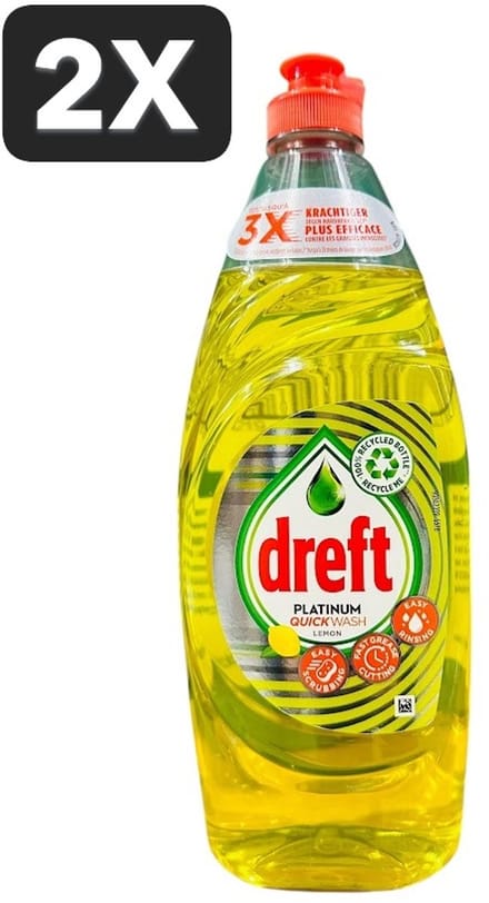 2 x Dreft Platinum Quickwash - Vloeibaar Afwasmiddel - Citroen- 625 ml