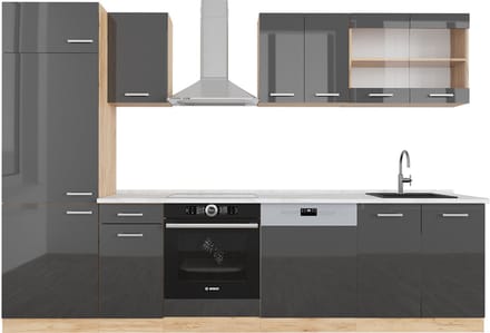 Vicco R-Line Complete keukeneenheid – 300 cm, WB Marmer Antraciet hoogglans/goud eiken